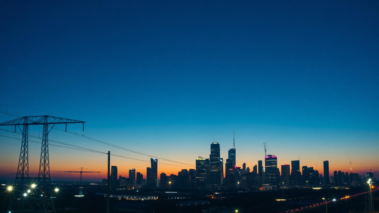 Energy infrastructure and city skyline at dusk